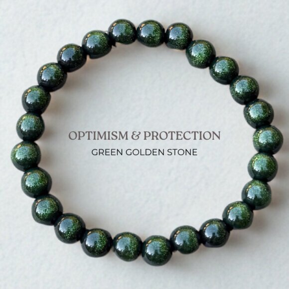 Green Golden Glass Beaded Unisex Bracelet 8MM Stretchy Handmade Jewelry - Picture 2 of 9